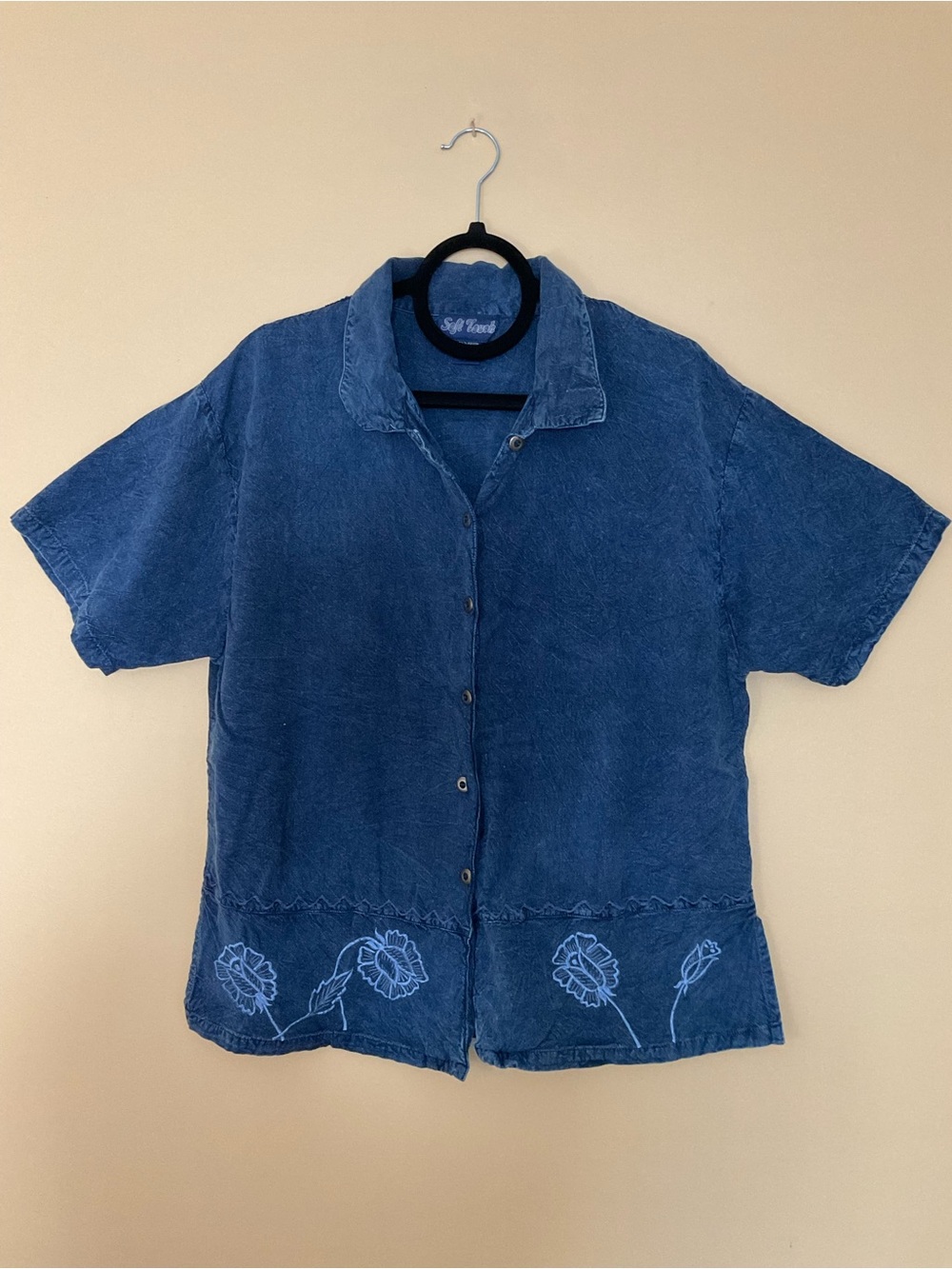 Soft Touch Indigo Button-Front Short Sleeve Shirt with Floral Hem